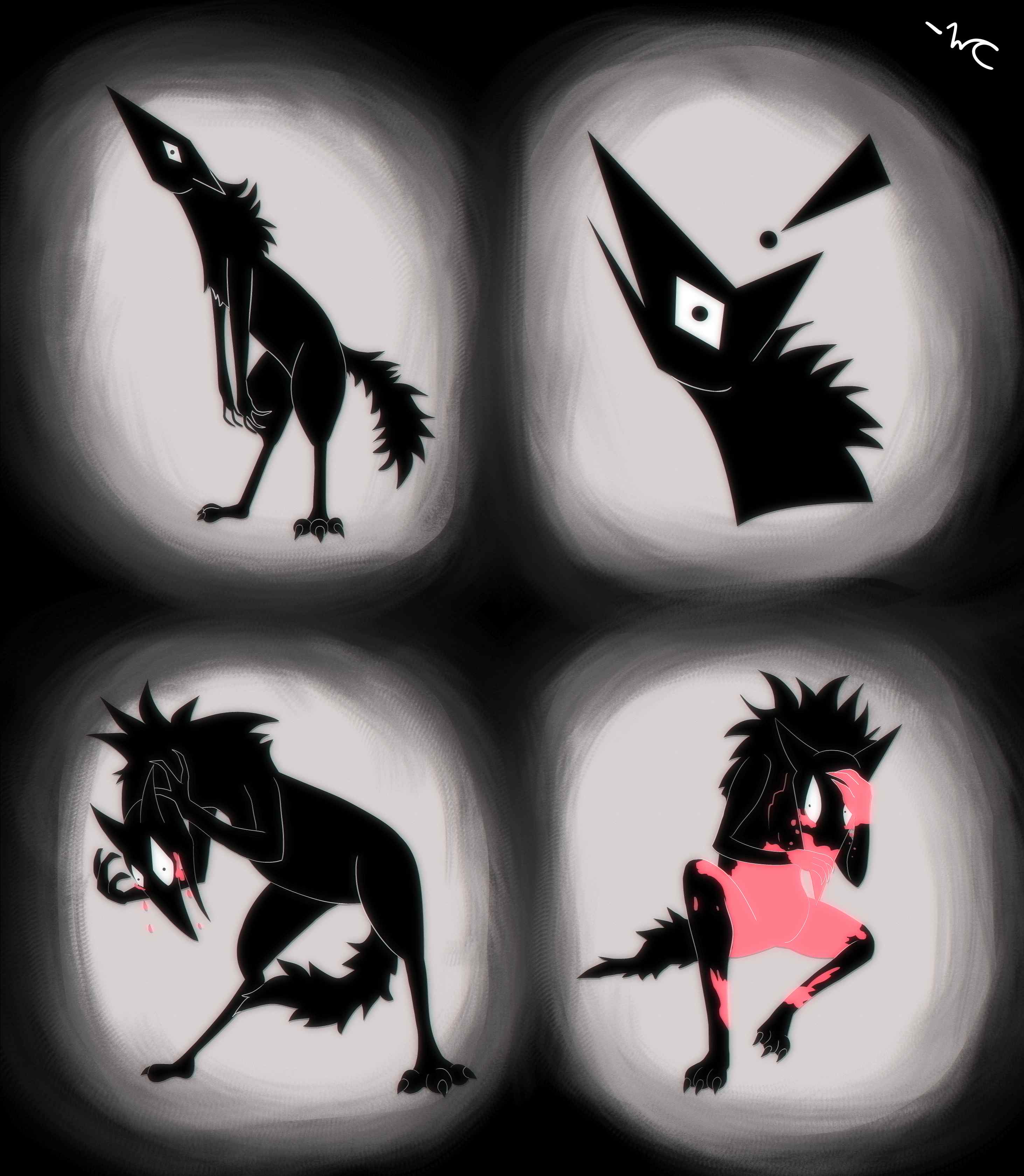 Four panels containing a silhouette of a werewolf-like cartoon creature. In the first panel, it's standing and looking up. In the second, it's just its head; a look of surprise with an exclamation point. In the third, the creature is crying and grasping at its head. In the final panel we see it sat on the ground, still crying, with blood over its body. 